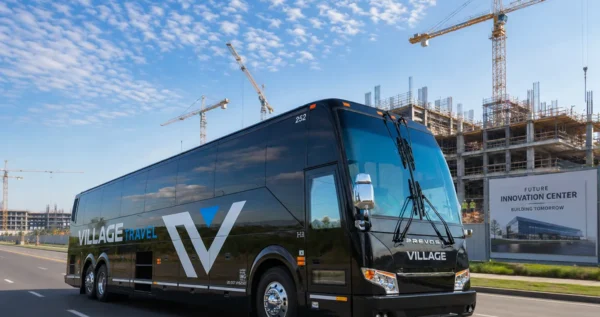 Charter Bus Transports Workers To Job Site
