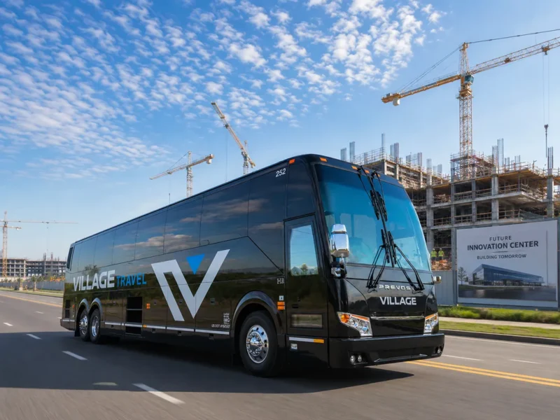 Charter Bus Transports Workers To Job Site